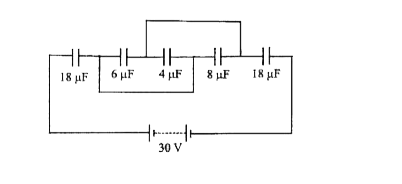 Five capacitors are connected as shown in the fig. The charge across  4 mu F capacitor is found to be 10 n mu C The value of n is