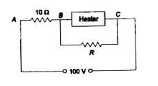 A heater is designed to operate with apower of 1000 W in a 100 V line. It is connected, in combination with a resistance of 10 Omega and a resistance R to a 100 V line as shown in Fig. What should be the value of R so that the heater operates with a power of 62.5 W?