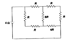 A battery of internal resistance 4 Omega is connected to the network of resistances as shown in Fig. In order that maximum power can be delivered to the network, the value of R in ohm should be: