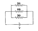 In the circuit shown in Fig., the resistors of 2 Omega. and 3Omega together dissipate 30 W of power. The current through the 4 Omega resistor is: