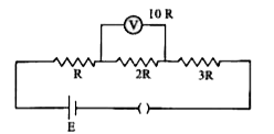 A battery of emf E is connected in series with three resistors in series with three resistors R, 2R and 3R. The voltage across 2R is measured with a voltmeter, whose resistance is 10 R, the percentage error in the measurement is: