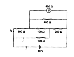 An electrical circuit is shown in Fig. The values ofresistances and the directions of the currents are shown. A voltmeter of resistance 400 Omega is connected across the 400 Omega. resistor. The battery has negligible internal resistance.       The value of current i(2) is: