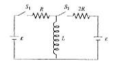 In the circuit chown in Fig, S(1) and S(2) are switches. S(2) remains closed for a long time and S(1) is opened. Now S(1) is also closed. Just after S(1) is closed, the potential  difference (V) across R will be