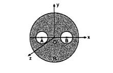 A solid sphere of uniform density and radius 4 units is located with its centre of at the origin O of co   ordinates. Two spheres of equal radii 1 unit with their centres at A(-2,0,0) and B(2,0,0) respectively are taken ou   of the solid leaving behind spherical cavities as shown in figure. Then which of the following statements are true?   (a) The gravitational force due to this object at the origin is zero.   (b) The gravitational force at the point B(2,0,0) is zero.   The gravitational potential is the same at all points on the circle y^(2)+Z^(2)=36   (d)  The gravitational potential is the same at all points on the circle y^(2)+Z^(2)=4