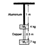 Calculate the clongations of (a) a copper wire of 1.4 mm diameter and (b) an aluminium wire of 1 mm iameter as shown in figure, if Young's modulus for copper and aluminium are 11 xx 10^(10) N/m^(3)' and 7 xx 10^(10) N//m^(2) ? espectively.