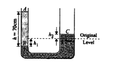 Two communicating cyliridrical tubes contain mercury. The diameter of one is two times that of the other. A column of water of height 70 cm is poured into the narrow vessel. How much will the mercury level in centimeters sink in this vessel? (Take relative density of water as 1 and that of mercury as 14)