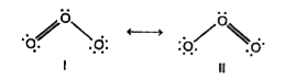 O(3) molecule is a resonance hybrid of the two structure I and II      The two oxygen-oxygen bond lengths in ozone moleucle are