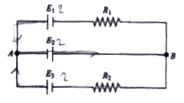 In the circuit shown in the Fig. E(1)=E(2)=E(3)=2andR(1)=R(2)=4Omega. The current flowing between point A and B through battery E(2) is