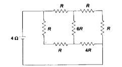 A battery of internal resistance 4 Omega is connected to the network or resistances as shown in Fig. In order that maximum power cab be delivered to the network, the value of R in ohm should be