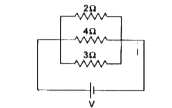 In the circuit shown in Fig., the resistors of 2Omegaand3Omega together dissipate 30 W of power. The current through the 4 Omega resistor is