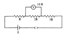 A battery of emf E is connected in series with three resistors in series with the three resistors R, 2R and 3R. The voltage across 2R is measured with a voltmeter, whose resistance is 10 R, the percentage error in the measurements is