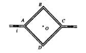 Figure shows a square loop ABCD with edge length a. The resistance of the wire ABC isr and that of ADC is 2r. The value of magnetic field at the centre of the loop assuming uniform wire is