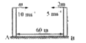 Two particles one of mass m and the other of mass 2 m are projected horizontally towards each other from the same level at a distance of 60 m velocities 10 ms^(-1) and 5 ms^(-1) respectively. They collide in air and stick to each other. The distance from A, where the combined mass forms is ....... m.