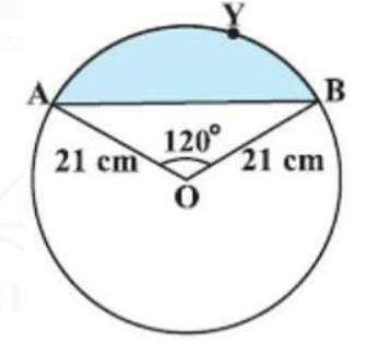 As shown in the figure , radius of the given circle is 21 cm and  angleAOB=120^(@) . The find the area of segment AYB .