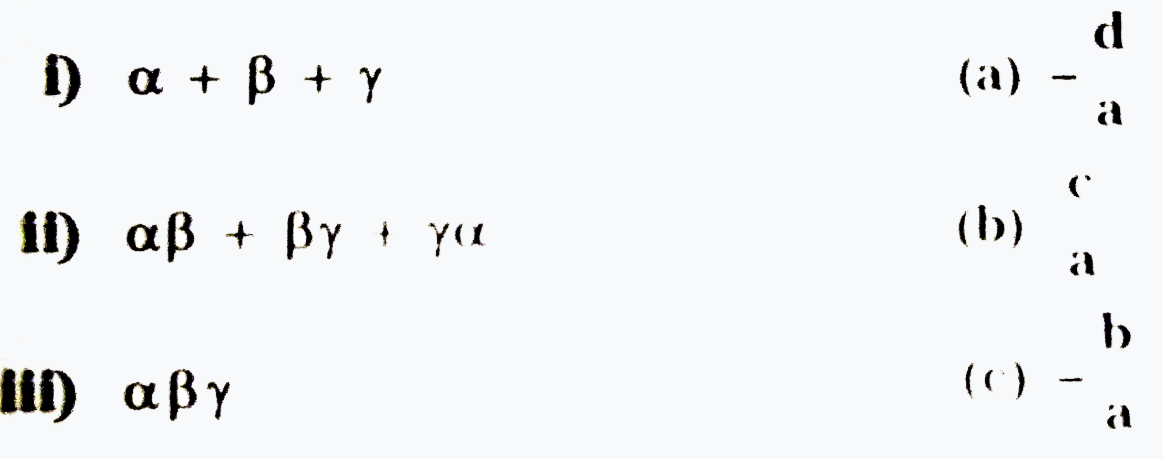 Match the following :   If alpha,beta,gamma are zeroes of a cubic polynomial   ax^3+bx^2+cx+d(a ne 0), then………