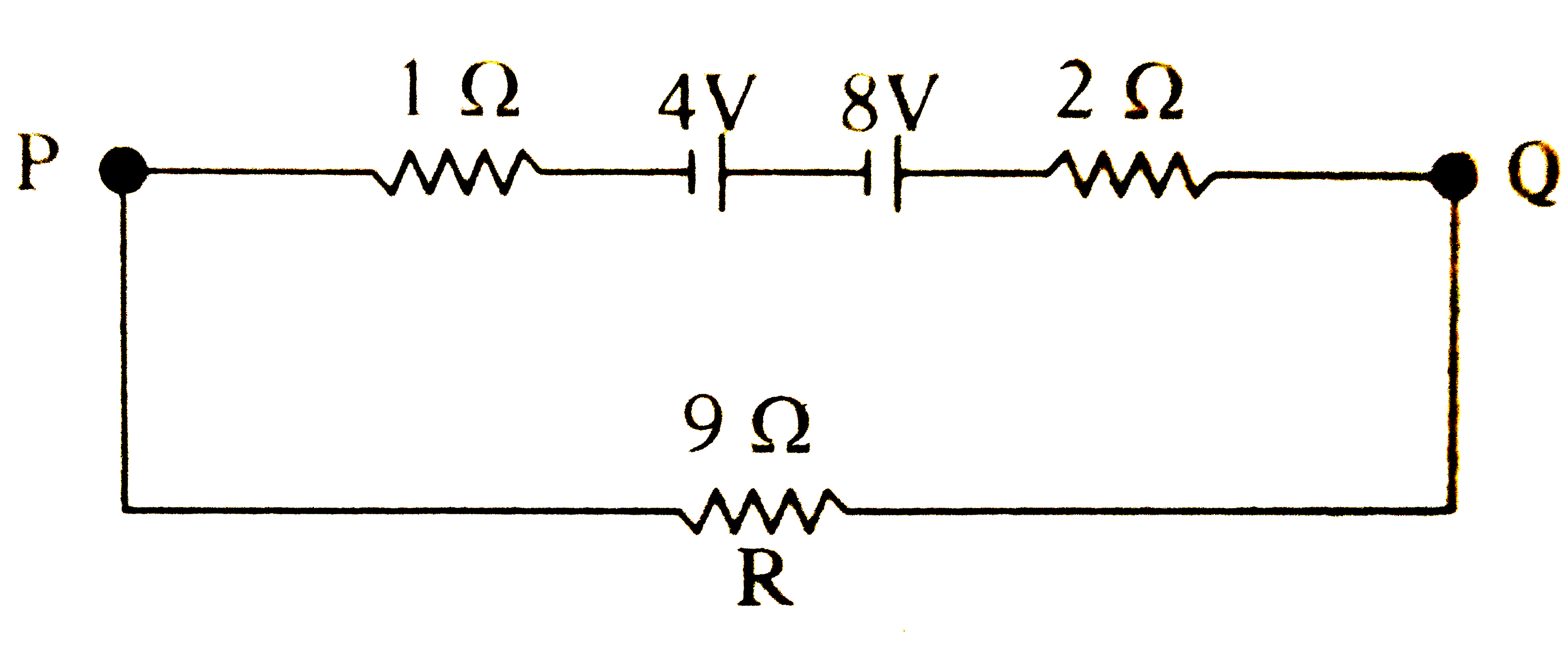 Two batteries of e.m.f4 V and 8 V with internal resistance of 1 Omega  and 2 Omega   are connected in a circuit with a resistance of 9 Omega  as shown in the figure . The current and potential difference between the point P and Q are