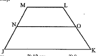 MLKJ is a trapezium. ABCD and PQRS are two rhombuses. The diagonals of ABCD are 6cm and 8 cm. One of the angles of PQRS is 120 degrees and the diagonal bisecting that angle measures 15 cm. Side of ABCD = ML. Side of PQRS=JK. Find ON (median of the  trapezoid).