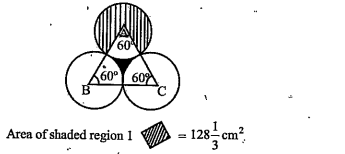 Direction: In the given question, read the given statement and compare the two given quantities on its basis. Three equal circles are drawn on a triangle ABC, with points A, B, C as the centres. Radius of each of the circle is equal to half of the side of the triangle ABC (Figure not to scale)  Quantity I. The area of the shaded region 2  Quantity II. 30 cm^2