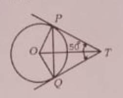 दी गई आकृति में TP तथा TQ दो स्पर्श - रेखाएं O केन्द्र वाले वृत पर इस प्रकार है कि anglePTQ=50^@, तो angleOPQ का मान है