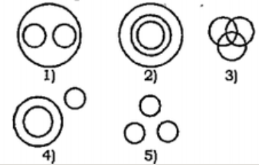 There are five diagrams (1),(2),(3),(4) and (5) given below .In questions, three objects/subjects are given. Choose the diagram that best illustrates the relationship between them.  Navy blue, Dark blue, Indigo blue