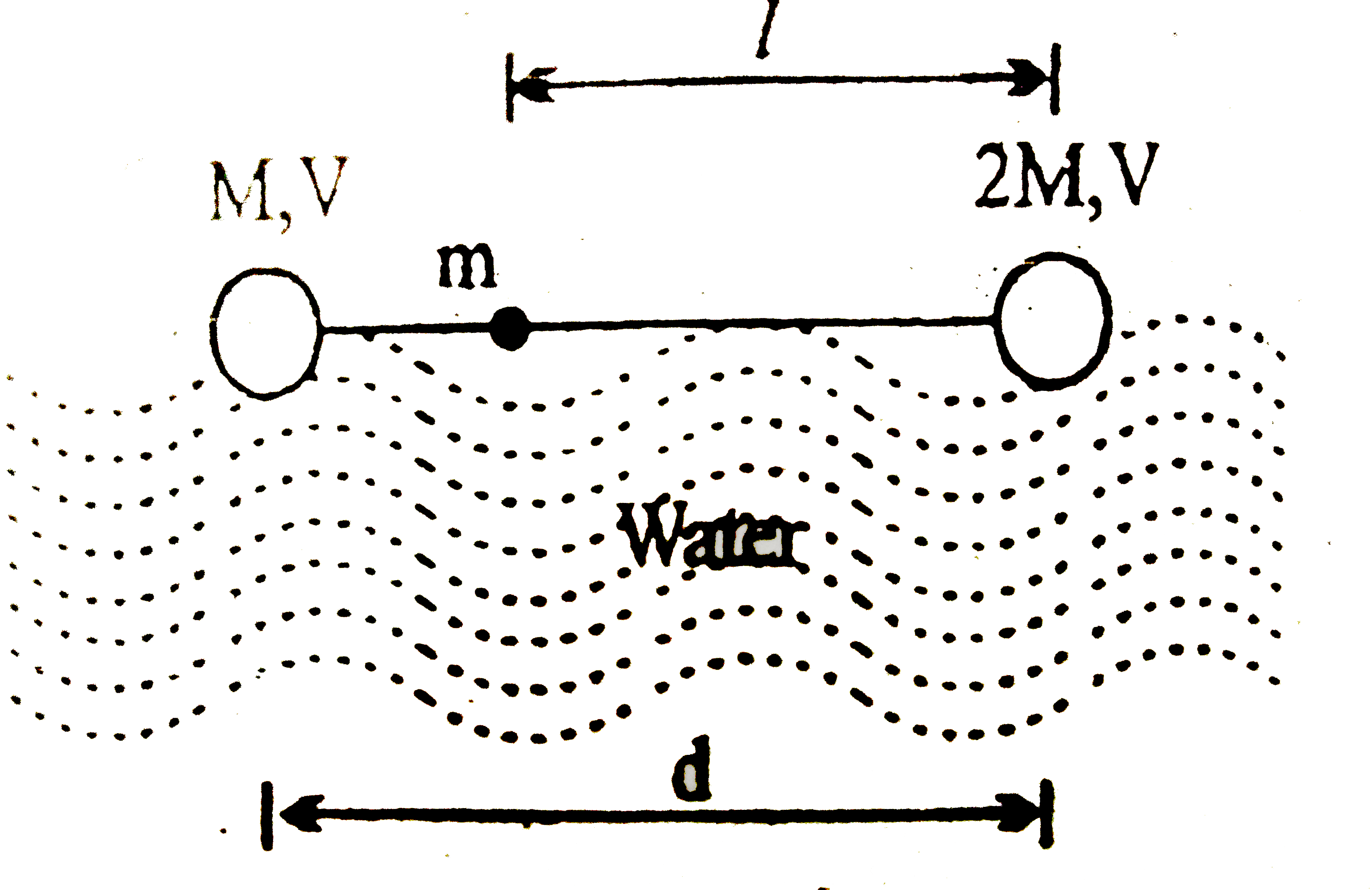 A dumbbell is placed in water of density rho. It is observed that by attaching a mass m to the rod, the dumbbell floats with the rod horizontal on the surface of water and each sphere exactly half submerged as shown in the figure. The volume of the mass m is negligible. The value of length l is