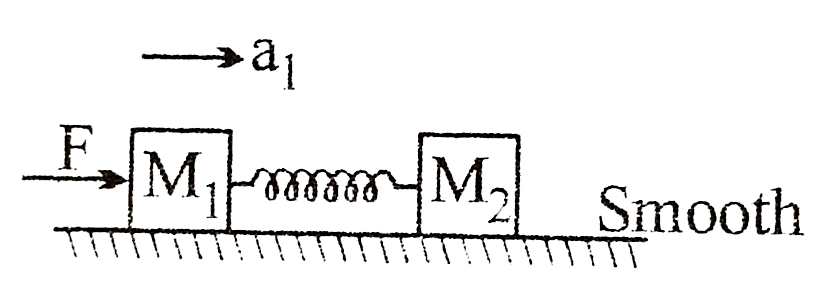 Two blocks of masses M(1)=1kg and M(2)=2kg kept on smooth surface, are connected to each other through a light spring (k=100N//m) as shown in the figure. When we push mass M(1)  with a force F=10N find the acceleration of centre of mass of system.