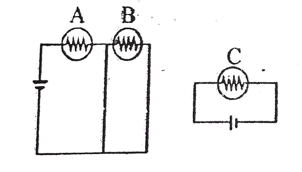 In the two circuits shown, all the light bulbs and batteries are identical. If A,B and C repectively denotes the brightness of light bulbs A,B & C then