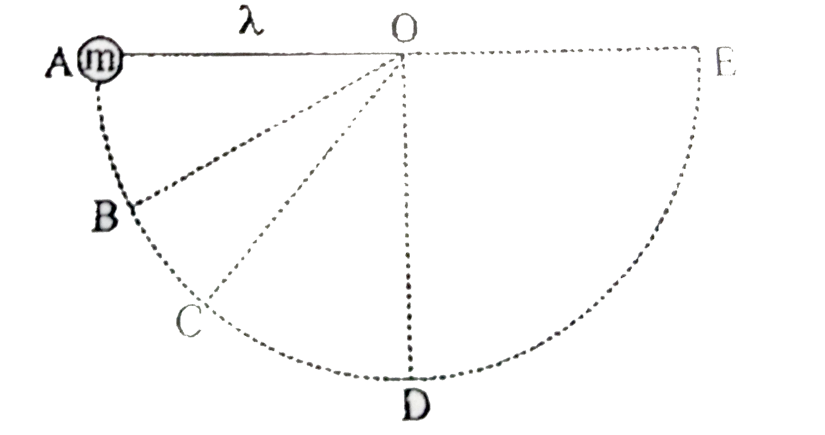 A pendulum bob 'm' is released from rest from horizontal position as shown in the figure. ltbr. Choose the position where the chance of. Braking of the string is maximum.