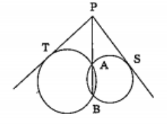 Two circles intersect at A, B, PS, PT are two tangents drawn from P which lies on AB to the two circles, then………..