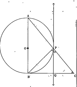 In a right triangle ABC, a circle with a side AB diameter is drawn to intersect the hypotenuse AC in  P. Prove that the tangent to the circle at P bisects the side BC.