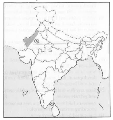 (a)One feature A is shown in the given political outline map of India.Identify this feature with the help of following information and write its correct name on the line marked on the map:  (A) A soil type.   (b)On the same political outline map of India,lacate and label the following features with appropriate symbols:  (B)Corbett National Park   (C)Tungabhadra Dam