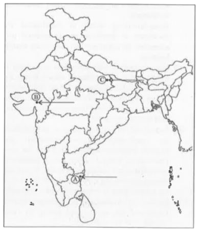 Threee feature A,B and C are marked on the given political outline map of India.Identify thses features with the help on the following name on the lines marked in the map:   A.The place where the Indian National congress session was held in 1927.   B.The place associated with Peasant's satyagraha.   C.The place relate to calling off the non-cooperation Movement,