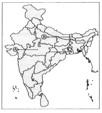Three features A, B and C are marked on the given political outline map of India. Identify these features with the help of the following information and write their correct names on the lines marked in the map : A. The place where cotton mill workers organised Satyagraha. B. The place related to the calling off the Non-Cooperation Movement. C. The place where the Indian National Congress Session was held in September 1920