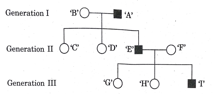 The following pedigree chart shows the inheritance of a genetic disorder up to three generations of a family.Observe the chart and answer the questions that follow.  (i)Is the disease sex-linked or autosomal as per the chart? Give raesons in support of your answer. (ii)Is it a recessive or a dominant disorder? (iii)Write the genotypes of the individuals 'C','D' and 'H'. (iv)If the female 'D' marries a normal man,what will be the probability of their daughter being a sufferer of this disease? (v)If the mother 'B' is a carrier of the disease,what will be the probability of their daughter being a sufferer of this disease?