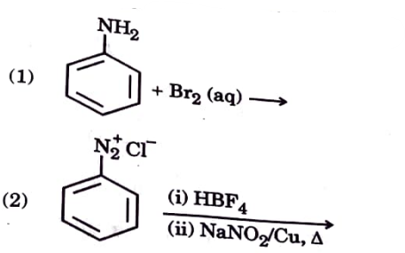 Amines are usually formed from nitro componds, halides, amides, imides, etc. They exhibit hydrogen bonding which influences their physical properties. In alkyl amines, a combination of electron releasing , steric and hydrogen bonding factors influence the stability of the substituted ammonium cations in protic polar solvents and thus affect the basic nature of amines. In aromatic amines, electron releasing and withdrawing groups, respectively increase and decrease their basic character .Influence of the number of hydrogen atoms at nitrogen atom on the type of reactions and nature of products is responsible for identification and distinction between primary, secondary and tertiary amines. Presence of amino group in aromatic ring enhances reactivity of the aromatic amines. Aryl diazonium salts provide advantageous methods for producing aryl halides, cyanides, phenols and arenes by reductive removal of the diazo group.  Answer the following questions :  (i) Arrange the following in the increasing order of their pKb values in aqueous solution:  C2H5NH2 , (C2H5)2NH , (C2H5)3N (ii) Aniline on nitration gives a substantial amount of m-nitroaniline, through amino group is o/p directing . Why ? (iii) An aromatic compound 'A' of molecular formula C7H6O2 on treatment with aqueous ammonia and heating forms compound 'B'. Compound 'B' on heating with Br2 and aqueous KOH gives a compound 'C' of molecular formula C6H7N. Write the structure of A,B and C.   OR   (iii) Complete the following reactions given main products :