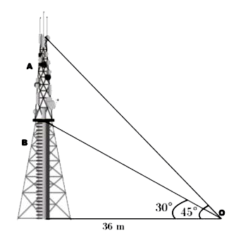 Radio towers are used for transmitting a range of communication services including radio and television. The tower will either act as an antenna itself or support one or more antennas on its structure, including microwave dishes. They are among the tallest human-made structures. There are 2 main types: guyed and self-supporting structures.   On a similar concept, a radio station tower was built in two sections A and B. Tower is supported by wires from a point O . Distance between the base of the tower and point O is 36 m. From point O , the angle of elevation of the top of section B is 30^(@) and the angle of elevation of the top of section A is 45^(@).      On the basis of the above information, answer any four of the following questions :   What is the angle of depreaaion from top of tower to point O ?