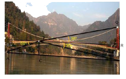 Lakshaman Jhula is located 5 kilometers north-east of the city of Rishikesh in the Indian state of Uttarakhand. The bridge connects the villages of Tapovan to Jonk. Tapovan is in Tehri Garhwal district, on the west bank of the river, while Jonk is in Pauri Garhwal district, on the east bank. Lakshman Jhula is a pedestrian bridge also used by motorbikes. It is a landmark of Rishikesh. A group of Class X students visited Rishikesh in Uttarakhand on a trip. They observed from a point (P) on a river bridge that the angles of depression of opposite banks of the river are 60^@ and 30^@ respectively. The height of the bridge is about 18 meters from the river.      Based on the above information answer the following questions.   Find the distance PA.