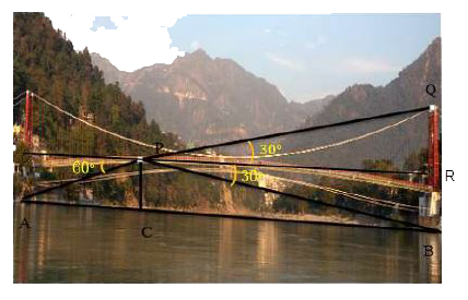 Lakshaman Jhula is located 5 kilometers north-east of the city of Rishikesh in the Indian state of Uttarakhand. The bridge connects the villages of Tapovan to Jonk. Tapovan is in Tehri Garhwal district, on the west bank of the river, while Jonk is in Pauri Garhwal district, on the east bank. Lakshman Jhula is a pedestrian bridge also used by motorbikes. It is a landmark of Rishikesh. A group of Class X students visited Rishikesh in Uttarakhand on a trip. They observed from a point (P) on a river bridge that the angles of depression of opposite banks of the river are 60^@ and 30^@ respectively. The height of the bridge is about 18 meters from the river.      Based on the above information answer the following questions.   Find the distance PB