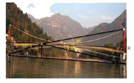 Lakshaman Jhula is located 5 kilometers north-east of the city of Rishikesh in the Indian state of Uttarakhand. The bridge connects the villages of Tapovan to Jonk. Tapovan is in Tehri Garhwal district, on the west bank of the river, while Jonk is in Pauri Garhwal district, on the east bank. Lakshman Jhula is a pedestrian bridge also used by motorbikes. It is a landmark of Rishikesh. A group of Class X students visited Rishikesh in Uttarakhand on a trip. They observed from a point (P) on a river bridge that the angles of depression of opposite banks of the river are 60^@ and 30^@ respectively. The height of the bridge is about 18 meters from the river.      Based on the above information answer the following questions.   Find the height BQ if the angle of the elevation from P to Q be 30^@.