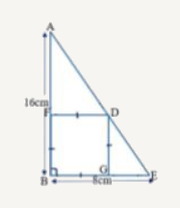 Sides AB and BE of a right triangle, right angled at B are of lengths 16 cm and 8 cm respectively. The length of the side of largest square FDGB that can be inscribed in the triangle ABE is