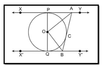 In the figure XY and X'Y' are two parallel tangents to a circle with centre O and another tangent AB with point of contact C interesting XY at A and X'Y' at B, what is the measure of ∠AOB