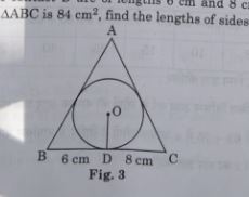 In Fig. a triangle ABC is drawn to circumscribe a circle of radius 4 cm such that the segments BD and DC into which BC is divided by the point of contact D are of lengths 6 cm and 8 cm respectively. If the area of DeltaABC is 84 cm^2, find the lengths of sides AB and AC.