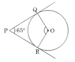 In the given figure, PQ and PR are tangents drawn from P to the circle with centre O such that angleQPR=65^@. The measure of angle QOR is
