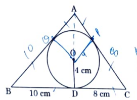 A triangle ABC is drawn to circumscribe a circle of radius 4cm such that the segments BD and DC are of lengths 10cm and 8cm respectively. Find the lengths of the sides AB and AC, if it is given that area DeltaABC=90 cm^2