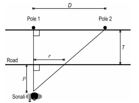 Sonali is standing on one side of a 7 m wide road as shown below. She wants to estimate the distance (D) between two light poles on the other side without crossing the road.     (Note: The figure is not to scale. All measurements are in metres.)   Which of the following expressions represent D in terms of p and r?