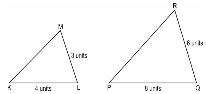 Shown below are two triangles such that length of two sides of each is known.      (Note: The figures are not to scale.)   Along with the given information, which of these is sufficient to conclude whether DeltaKLM is similar to DeltaPQR?   (i) angle KLM = angle PQR (ii) Ratio of KM:PR