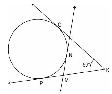 Shown below is a circle with 3 tangents KQ, KP and LM. QL = 2 cm and KL = 6 cm. PM = frac{1}{2} KL.       (Note: The figure is not to scale.)   What is the measure of angle LMK?