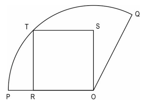 In the figure below, a unit square ROST is inscribed in a circular sector with centre O.      Along with the above information, which of these is SUFFICIENT to find the area of sector POQ?