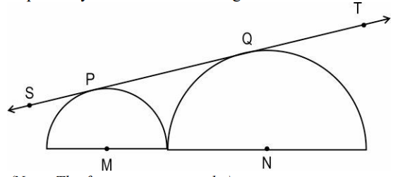 In the figure below, M and N are the centres of two semi-circles having radii 9 cm and 16 cm respectively. ST is a common tangent.      (Note: The figure is not to scale.)   Find the length of PQ. Draw a rough figure, show your work and give valid reasons.