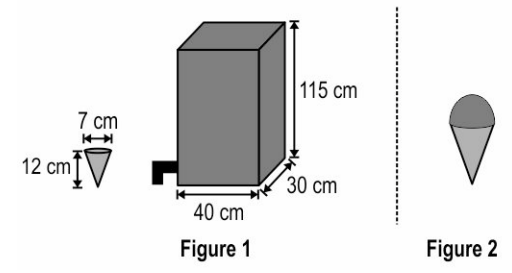 A restaurant stores ice-cream in a box with a dispenser attached for filling ice-cream cones. The dimensions of the box and the ice-cream cones used by the restaurant are shown in Figure 1 below. To make each serving of dessert, the cone is first filled with ice-cream and then topped with a hemispherical scoop of ice-cream taken from the same box, as shown in Figure 2.     (Note: The figures are not to scale.)   Approximately how many desserts can be served out of a completely filled box of ice-cream? Show your steps.   (Note: Take pi as frac{22}{7}